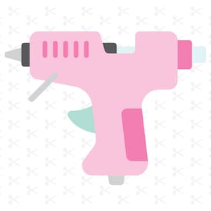 Puede incluir: Una pistola de pegamento rosa con un gatillo negro y un mango azul claro. La pistola de pegamento tiene una boquilla plateada y una protección de gatillo rosa.