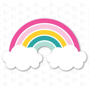 Könnte beinhalten: Ein Regenbogen mit rosa, gelben, hellblauen und türkisfarbenen Streifen, mit weißen Wolken auf beiden Seiten.