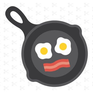 May include: A cartoon illustration of a black cast iron skillet with two fried eggs and a strip of bacon. The eggs have yellow yolks and white egg whites. The bacon is red. The skillet has a handle.