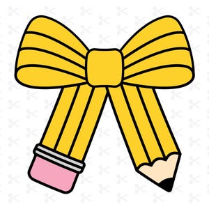Könnte beinhalten: Illustration eines gelben Bleistift-Schleife mit schwarzen Umrissen. Die Schleife besteht aus zwei Bleistiften, jeweils mit einem rosa Radiergummi und einer schwarzen Spitze. Der Hintergrund ist weiß mit einem Muster aus kleinen Scheren.