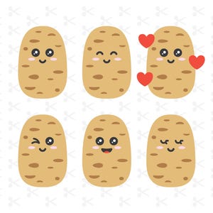 May include: Six cartoon potatoes with smiling faces and various expressions. Some have hearts, and all are light brown with darker brown spots. The background is white with a pattern of small scissors.