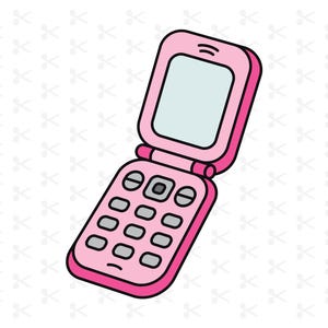 Può includere: Illustrazione di un telefono a conchiglia rosa con schermo azzurro e tastiera con pulsanti grigi. Il telefono è aperto, mostrando lo schermo. Il telefono ha un contorno nero ed è posto su sfondo bianco.