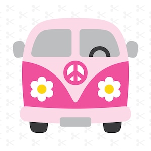May include: A pink and fuchsia cartoon illustration of a vintage van. The van has a peace sign, two white daisies with yellow centres, grey windows, and black tyres. The background is white with a pattern.