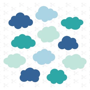 May include: A set of ten cloud shapes in various shades of blue, green, and light blue. The clouds are all the same size and shape, and they are arranged in a random pattern.