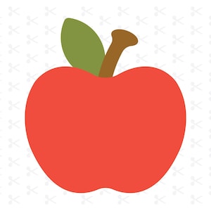 May include: A red apple with a green leaf and a brown stem.
