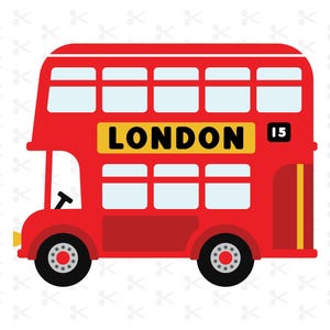 May include: A red double-decker bus illustration with the word "LONDON" on a yellow sign. The bus has black wheels, windows, and the number "15". The background is white with a pattern of small scissors.