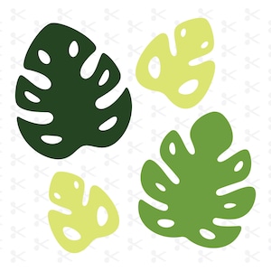 Könnte beinhalten: Vier stilisierte Monstera-Blätter in Grün- und Gelbgrüntönen sind auf einem weißen Hintergrund mit einem sich wiederholenden Muster aus kleinen Scheren angeordnet. Die Blätter haben charakteristische Löcher und abgerundete Formen.