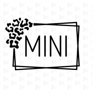 May include: Black and white graphic of a leopard print design with the word "MINI" in a black double-lined square frame.