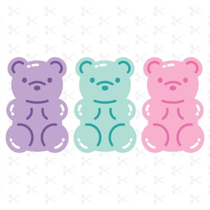 May include: Three gummy bear shaped sweets in the colours purple, teal and pink.