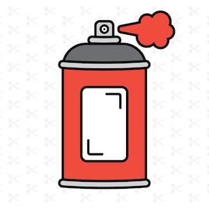 May include: A red spray paint can with a gray top and a red cloud of spray. The can has a white rectangular label with a black border. The background is white with a pattern of small scissors.
