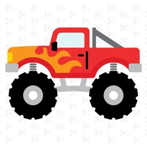 Peut inclure: Illustration d'un monster truck rouge avec de gros pneus noirs et un motif de flammes à l'avant. Le camion a une barre de sécurité grise et un phare jaune. Le fond est blanc avec un motif de petites ciseaux.