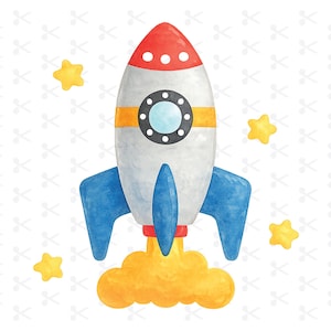 May include: Watercolor illustration of a cartoon rocket ship with a red tip, white body, blue fins, and yellow flames. The rocket has an orange stripe and a black porthole. Yellow star shapes are scattered around the rocket on a white background.