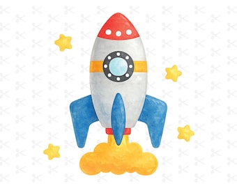 Aquarel raketschip Png Jpg Pdf Ai / Illustrated Spaceship / Vintage Spaceshuttle / Rocket Toy / Clipart / Digitale Download / Afdrukbare