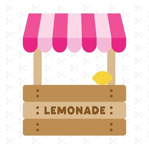 May include: A cartoon illustration of a lemonade stand. The stand features a pink and white striped awning, wooden supports, and a brown wooden counter. A yellow lemon rests on the counter, and the word "LEMONADE" is printed on the front.