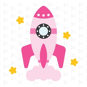 May include: A pink rocket ship with a black window and three white dots on the top. The rocket is flying through space with yellow stars in the background.