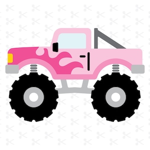 Op de afbeelding: Illustratie van een roze monstertruck met zwarte banden, een grijze rolbeugel en een vlammenontwerp aan de zijkant. De truck heeft een gele koplamp en het nummer 1 aan de zijkant.