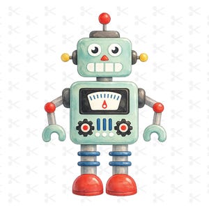 Peut inclure: Illustration à l'aquarelle d'un robot rétro. Le robot est bleu sarcelle clair avec des accents rouges, jaunes et gris. Il a une jauge sur la poitrine, une antenne rouge et des pieds rouges. Les bras du robot sont gris avec des articulations rouges.