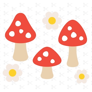 May include: Three red and white mushrooms with white stems and three white flowers with yellow centers on a white background.