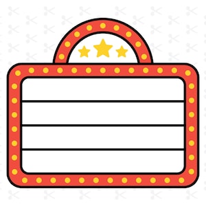 May include: A red and yellow marquee sign with a white blank space for text. The sign has a rounded top with three yellow stars and is outlined with yellow lights. The background is white with a pattern.