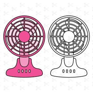 Può includere: Due piccole ventole da scrivania in stile cartone animato. Una è rosa, l'altra è un contorno nero. Ogni ventola ha una testa circolare con pale, un supporto e quattro piccoli pulsanti. Sfondo bianco con motivo.