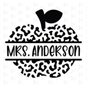 May include: Black and white leopard print apple with the text "MRS. ANDERSON" in a banner across the middle.
