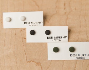 Black Ceramic Stud Earrings, Circle - Raw Minimalist Porcelain Earrings - Handmade Modern Earrings - Desi Murphy Pottery