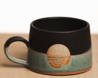 Sunset Ceramic Mug - Sunrise + Sunset Mugs - Black and Turquoise Mug - Coffee Mug - Pottery Mug - Handmade Mug - Ocean Mug - Lake Mug