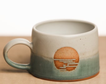 Sunrise Ceramic Mug - Sunrise + Sunset Mugs - White and Turquoise Ceramic Mug - Coffee Mug Pottery Mug - Handmade Mug - Ocean Mug - Lake Mug