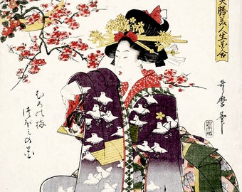 Japanese art, Japanese geishas, An Indoor Plum with Flowers in the Bud Utamaro FINE ART PRINT, posters, woodblock prints, art reproductions