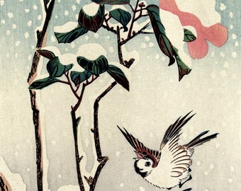 Hiroshige, japanische Kunst, Vögel, Blumen, Pflanzengemälde. Spatzen und Kamelien im Schnee FINE ART PRINT, japanische Wandkunstdrucke, Poster