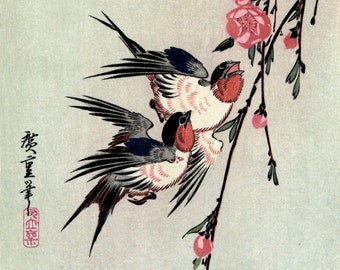 Japanese art, birds and flowers paintings, woodblock prints reproductions, Swallows, Peach Blossoms, Full Moon Hiroshige FINE ART PRINT