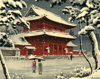 Japanese winter art, Zozoji temple in snow Koitsu FINE ART PRINT, japanese vintage art prints, art posters, paintings, woodblock prints