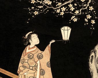 Japanese art, Geisha, Woman Admiring Plum Blossoms at Night FINE ART PRINT, sakura, cherry blossom, plum blossom woodblock prints, paintings