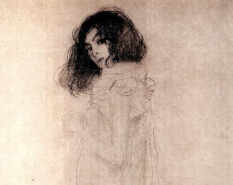 Gustav Klimt drawings, Vintage art prints, Young Woman Portrait, European painting, Austrian painting, FINE ART PRINT, posters, wall art