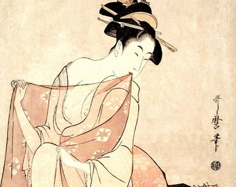 Japanese geisha, Beautiful woman playing with cat, Kitagawa Utamaro FINE ART PRINT, Woodblock prints, paintings, drawings reproductions