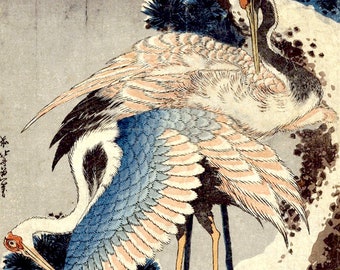 Japanese art, Japanese animal art, Winter snow tree, Cranes Hokusai FINE ART PRINT, japanese woodblock prints and paintings reproductions