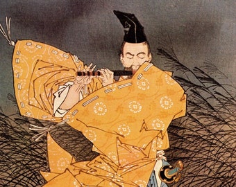 Japanese art, Samurai painting, Flute playing samurai, Moonlight, Yoshitoshi FINE ART PRINT, old woodblock prints, paintings reproductions