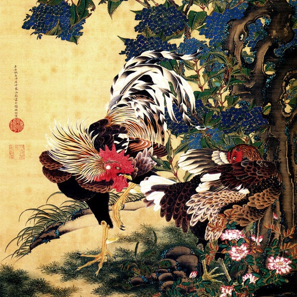 Estampes japonaises d'oiseaux et de fleurs, Coq et poule aux hortensias FINE ART PRINT, par Ito Jakuchu, affiches, peintures anciennes japonaises