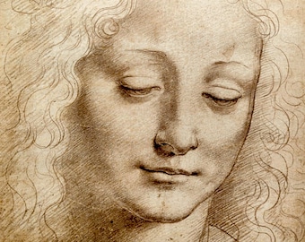 Female Head, Leonardo da Vinci FINE ART PRINT, Antique art prints, Da Vinci sketches, studies, drawings, renaissance paintings reproductions