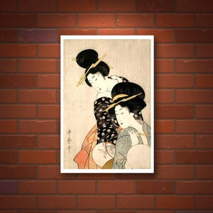 Two Japanese geishas, Beautiful women with fans, Kitagawa Utamaro FINE ART PRINT, Woodblock prints, paintings, drawings reproductions