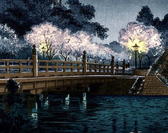 Japanese art, woodblock prints, Benkei Bridge at Night Tsuchiya Koitsu FINE ART PRINT, blooming trees painting, Japanese prints, art posters