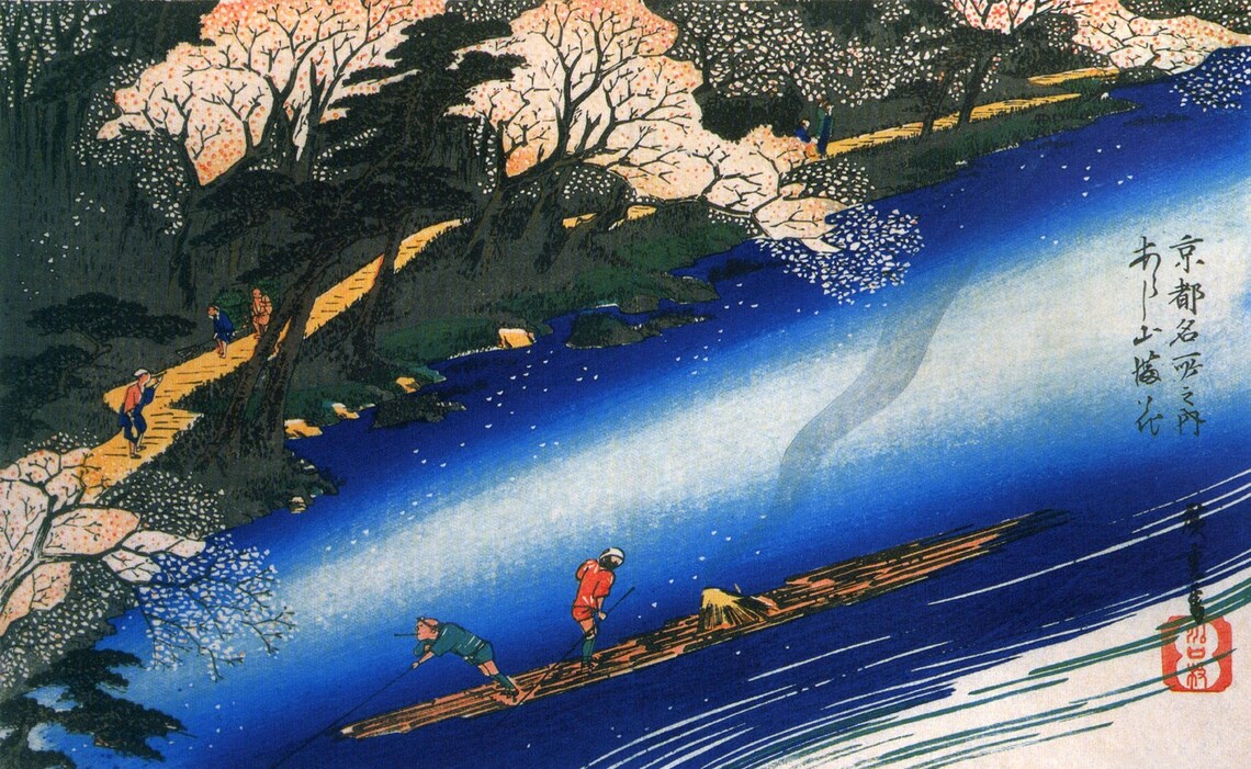 Red Sail Japanese Raft Japanese Art Poling a Raft on a River Arashiyama Kyoto View - Etsy