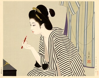 Young japanese woman at make-up, Lipstick FINE ART PRINT, Japanese art prints, posters, wall art, paintings, woodblock prints reproductions