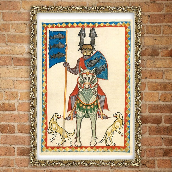 Antique European art, Illuminated manuscript, Medieval print, Manesse codex, Knight on horse with dogs FINE ART PRINT, wall art, art posters