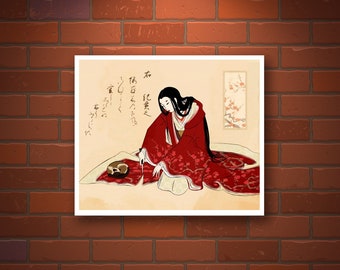 Japanese art, Japanese geisha painting, Geisha print, Geisha with cat cutting kimono FINE ART PRINT, Art poster, Woodblock print, Home decor