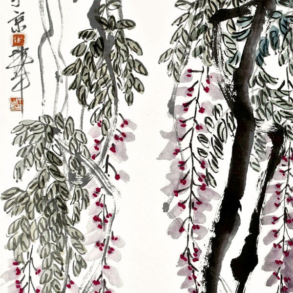 Art chinois, plantes asiatiques, fleurs, aquarelle de glycine Qi Baishi, estampes d'art chinoises antiques, affiches d'art, reproduction, art mural