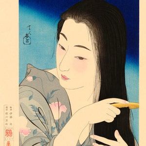 Japanese art, Combing her hair (Kamisuki) Torii Kotondo, Japanese art prints, posters, paintings, woodblock prints, ukiyo-e reproductions