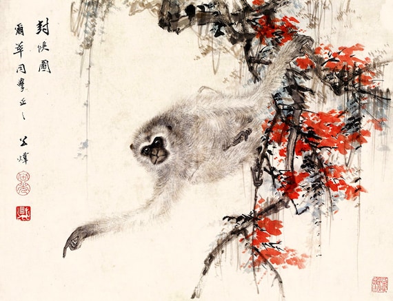 Chinese animals art prints Monkey painting fine art | Etsy