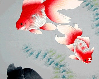 Japanese animals fishes art prints, posters, Goldfishes Ohno Bakufu FINE ART PRINT, paintings, woodblock prints reproductions, wall art