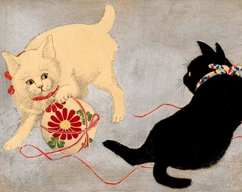 Japanese art, cats art prints, posters, woodblock prints, paintings reproductions, Playing Cats Takahashi Shotei Hiroaki FINE ART PRINT